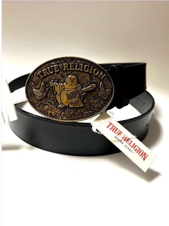 NWT True Religion Buddha Guitar Oval Buckle Black Belt Western PU Black main image 6